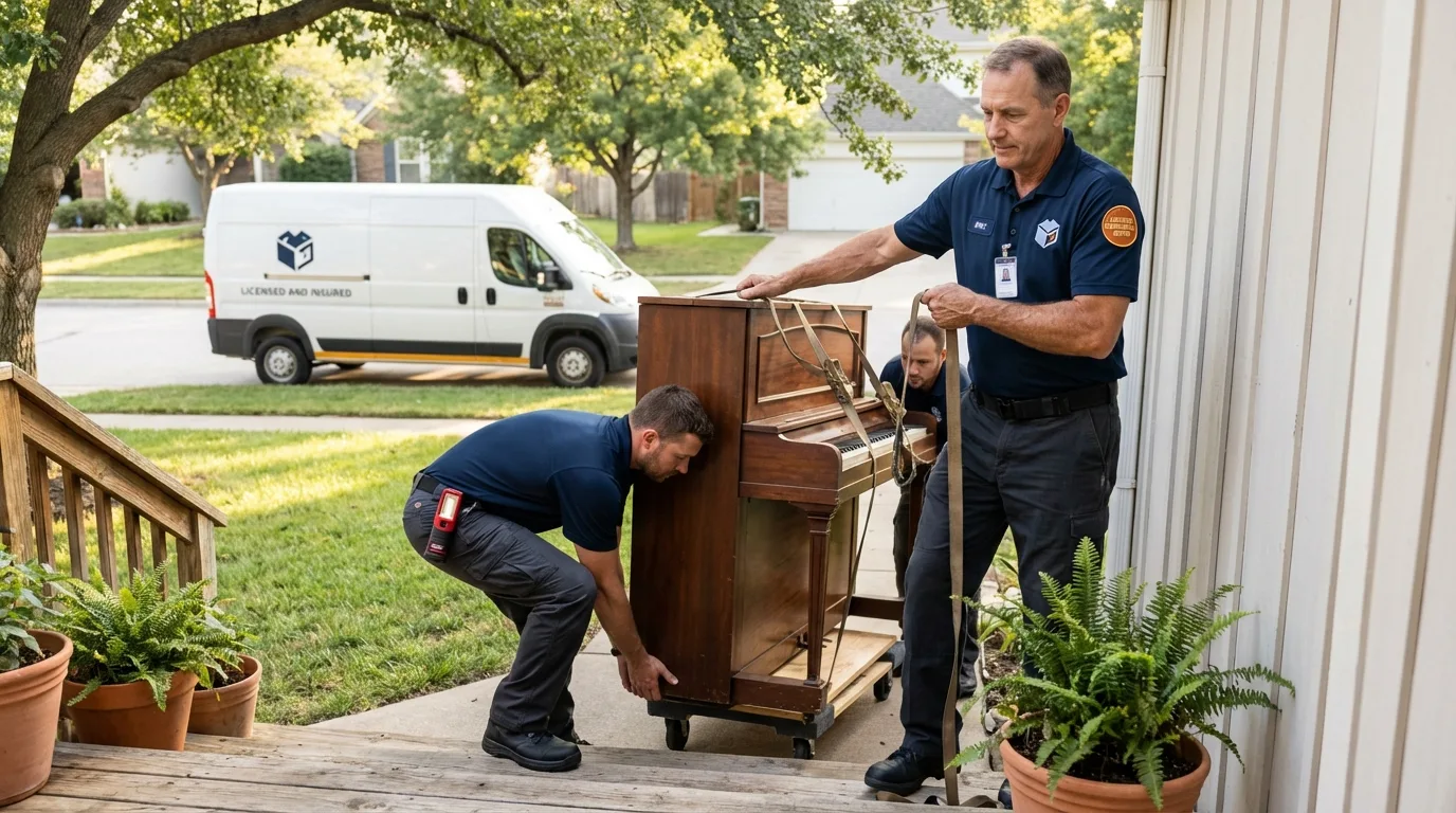Licensed piano movers securing grand piano in Lanark, IL