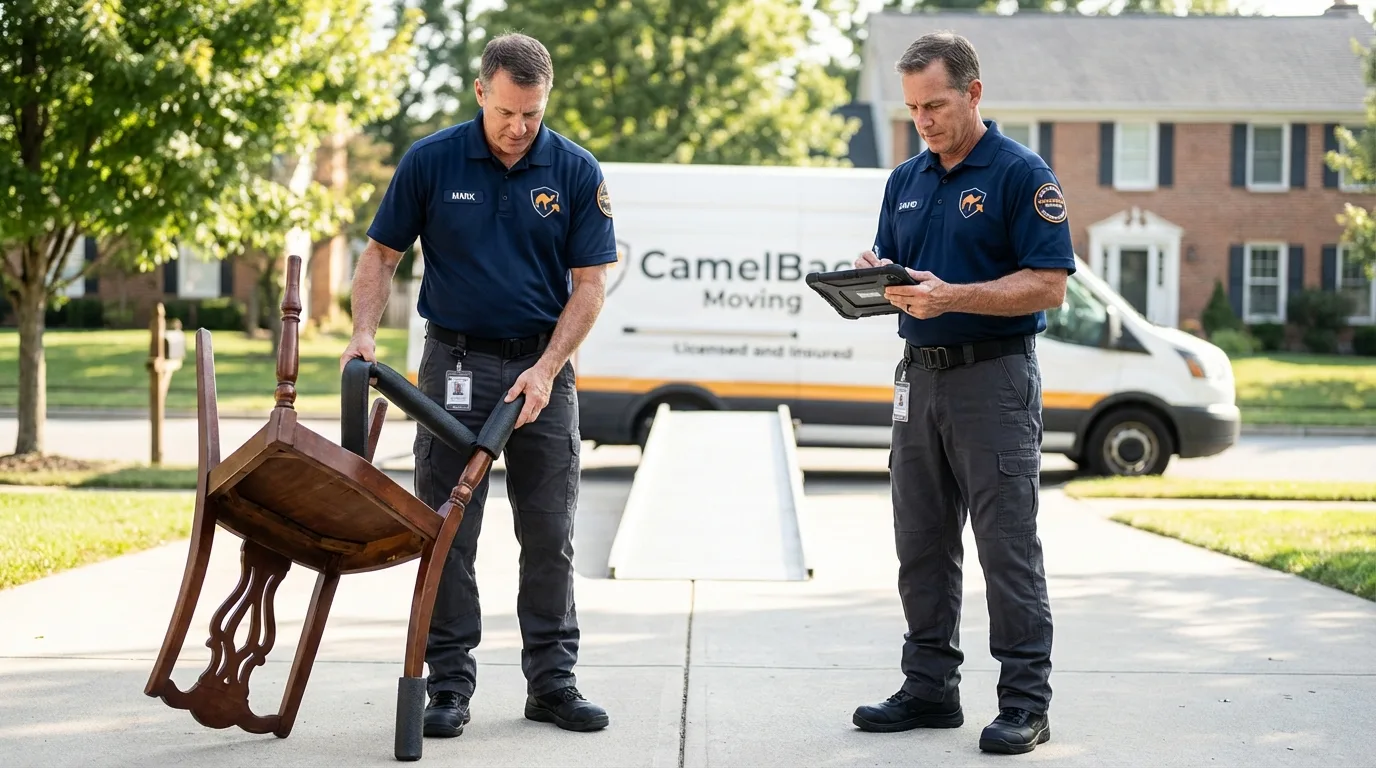 Movers inspecting furniture for damage prevention before loading in Lanark, IL